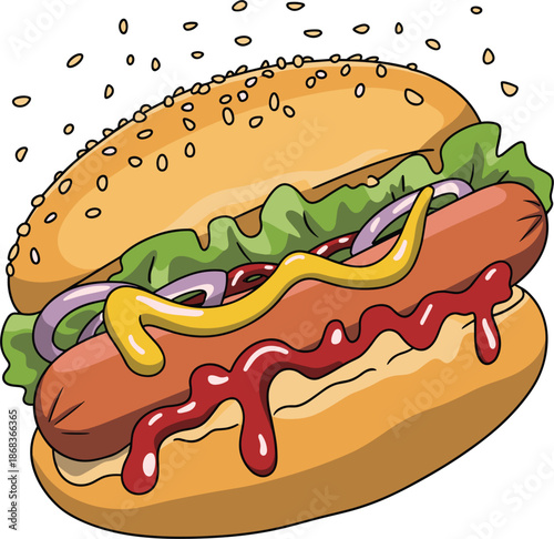 Loaded hot dog with mustard, ketchup, and onions on a sesame seed bun for fast food and summer grilling concept