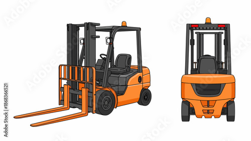 Orange and black forklift illustration from side-front and rear views on a white background.