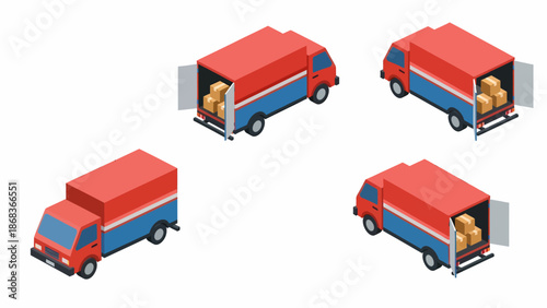 Four trucks with open backs and red roofs loaded with hay or straw are arranged in a square pattern on a white background