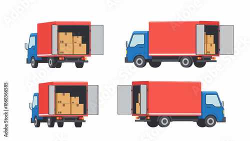 Four cartoon delivery trucks with open rear doors showing cardboard boxes inside, ready for shipping or moving goods.