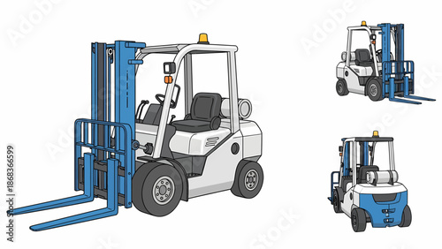 Three illustrations of forklifts, including a large white and blue model with a propane tank, and two smaller versions.