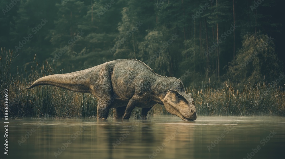 Fototapeta premium Tyrannosaurus Rex Drinking at Forest Lake