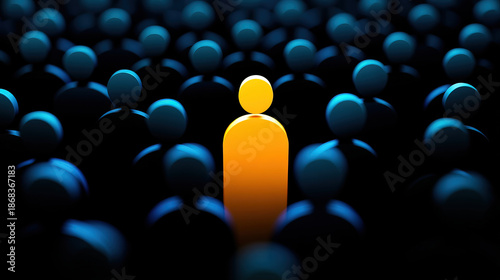Orange figure stands out in crowd of blue people, symbolizing individuality, uniqueness, and leadership in dark, abstract environment with glowing effect