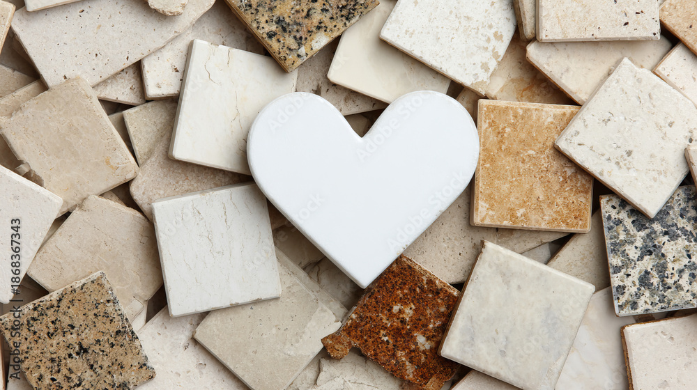 Obraz premium White heart shaped tile surrounded by various square construction tiles, neutral tones, stone texture, top view, creative arrangement, love concept, interior design inspiration