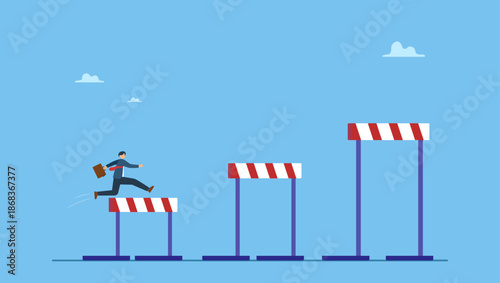 Ambitious businessman jump over hurdles to find higher obstacles. Business challenge, overcome difficulty or obstacle to achieve business success, effort, skill or aspiration to solve problem.