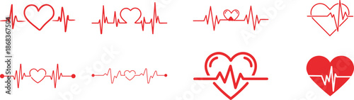 Heart Rhythm Icon set. Electrocardiogram, ECG - EKG signal, Heart Beat pulse line concept design element. Heartbeat line, pulse, cardiogram, medical health care, heart rhythm, red outline vector.