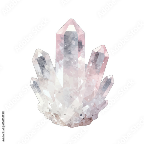 Pink quartz crystal cluster isolated