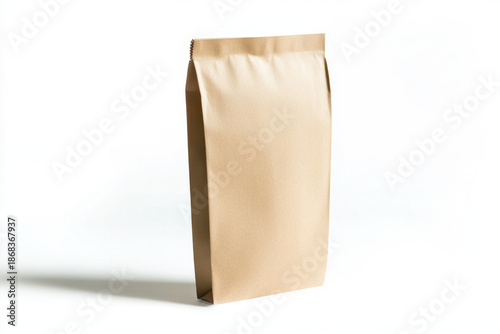 Sustainable packaging in plain brown paper bag stands upright on white background showing eco friendly material for various uses