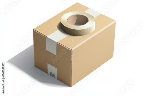 Sustainable packaging concept with brown cardboard box and tape roll on white background showing eco friendly shipping solution