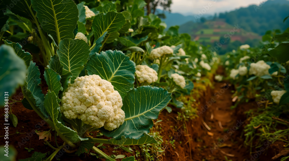 Fototapeta premium A close-up photograph of a cauliflower plant with green leaves set against a backdrop of a dirt path leading towards a distant hillside