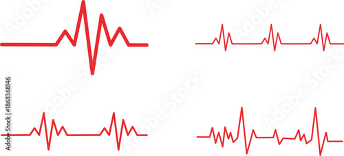 Heart Rhythm Icon set. Electrocardiogram, ECG - EKG signal, Heart Beat pulse line concept design element. Heartbeat line, pulse, cardiogram, medical health care, heart rhythm, red outline vector.