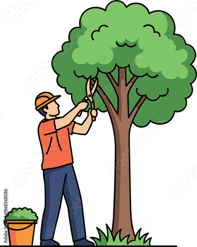 Tree trimmer using scissors to prune a green tree in a garden setting with a potted plant on a transparent background enhancing ecology and sustainability themes