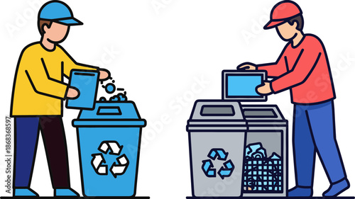 Two young individuals engaging in recycling activities, one discarding items into a blue recycling bin, while the other sorts materials in a bright outdoor setting.