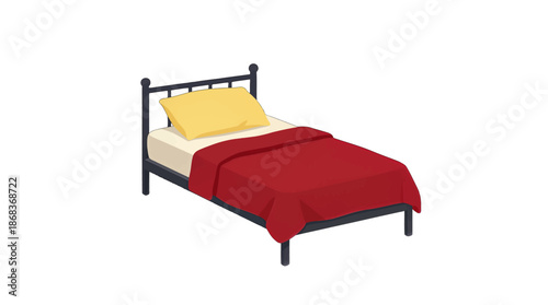 Single bed with red blanket and yellow pillow
