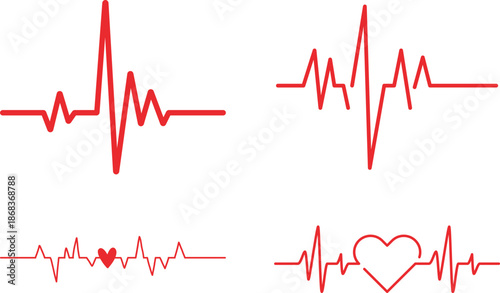 Heart Rhythm Icon set. Electrocardiogram, ECG - EKG signal, Heart Beat pulse line concept design element. Heartbeat line, pulse, cardiogram, medical health care, heart rhythm, red outline vector.