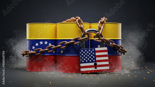 Wallpaper Mural Locked Oil Barrels with American and Venezuelan Flags Symbolizing Energy Trade Restrictions Torontodigital.ca
