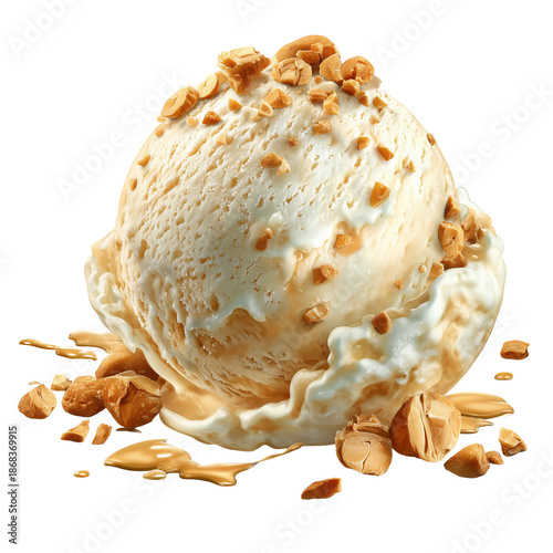 Delicious scoop of creamy ice cream adorned with rich caramel and crunchy peanuts