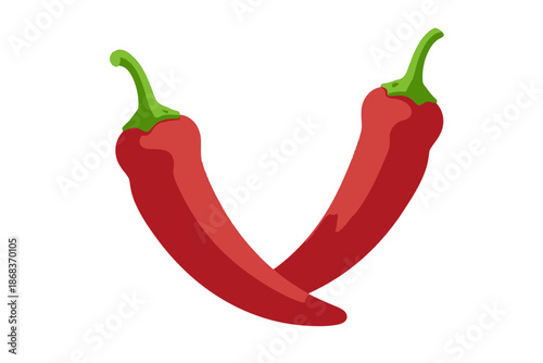 Two red chili peppers with green stems.