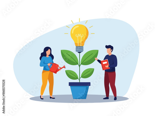 Vector illustration of people watering and fertilizing a plant with a light bulb above it