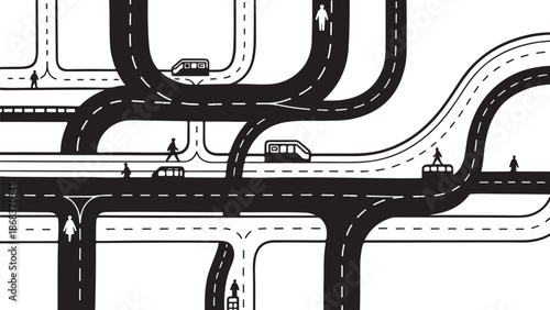 Interconnected Roads and Highways with Vehicles and Pedestrians