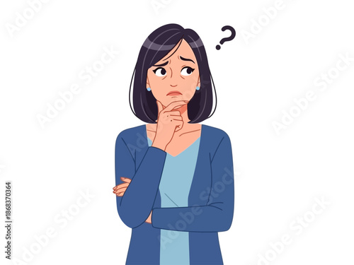 Confused woman with question mark thinking and looking puzzled
