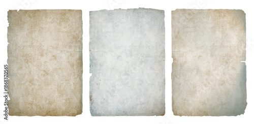 Set of old aged paper pages, vintage rough background texture, grunge gray beige tones, distressed blank sheets isolated for design
