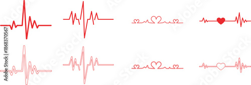 Heart Rhythm Icon set. Electrocardiogram, ECG - EKG signal, Heart Beat pulse line concept design element. Heartbeat line, pulse, cardiogram, medical health care, heart rhythm, red outline vector.