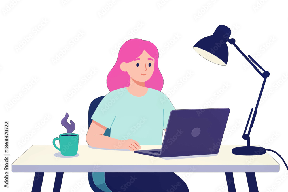 Fototapeta premium Young woman working on laptop with steaming coffee nearby