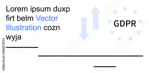 Data protection, compliance, internet privacy, cybersecurity, regulations, information management. Arrows pointing downwards with GDPR and placeholder text. Data protection and compliance concept