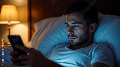 Person Using Smartphone in Bed at Night with Blue Screen Light and Warm Lamp Glow – Conceptual Illustration of Sleep Disruption, Digital Addiction, and Nighttime Technology Habits