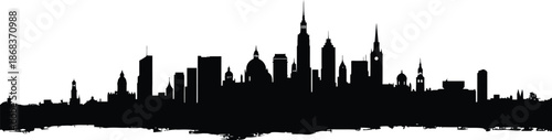 Panoramic city skyline silhouette with diverse architectural landmarks