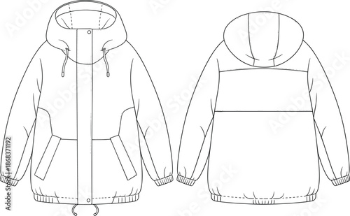 Women hooded parka flat design, front and back view, apparel outline illustration, winter outerwear technical template for fashion designers use