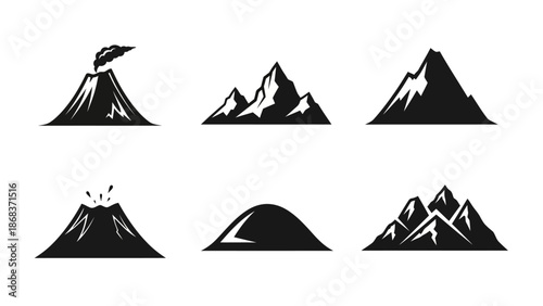 Set of six black and white mountain and volcano icons illustrating volcanic and mountainous