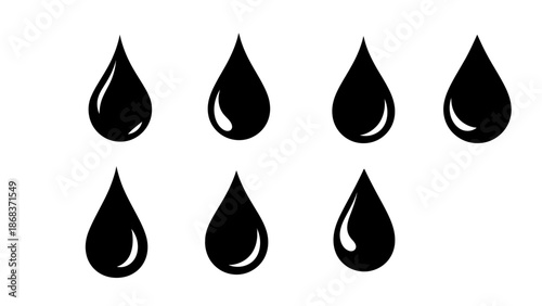 Collection of eight black water droplet icons arranged in two rows on a white background