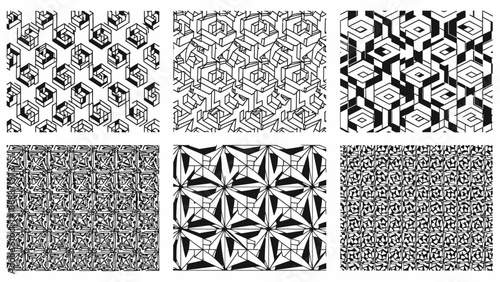 Set of six intricate black and white geometric patterns with diverse designs and structures