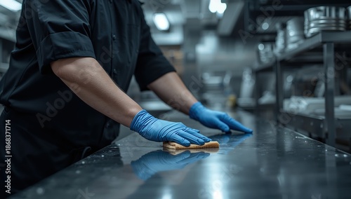Worker cleaning stainless steel surface in industrial kitchen wearing gloves showing hygiene and food safety
