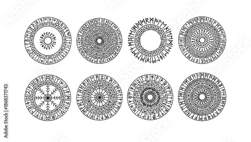 Intricate ancient circular runes engravings showing mystical symbols and cryptic designs