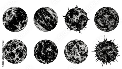 Collection of Various Moon and Sun Surface Textures with Different Craters and Spikes