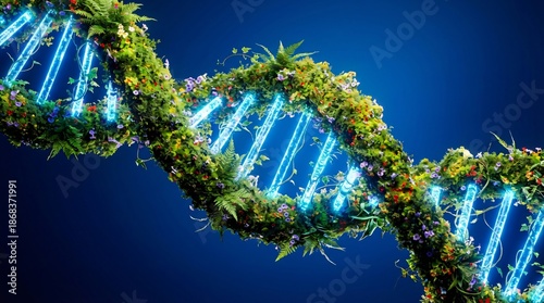 Glowing blue DNA double helix wrapped in lush greenery and colorful flowers
