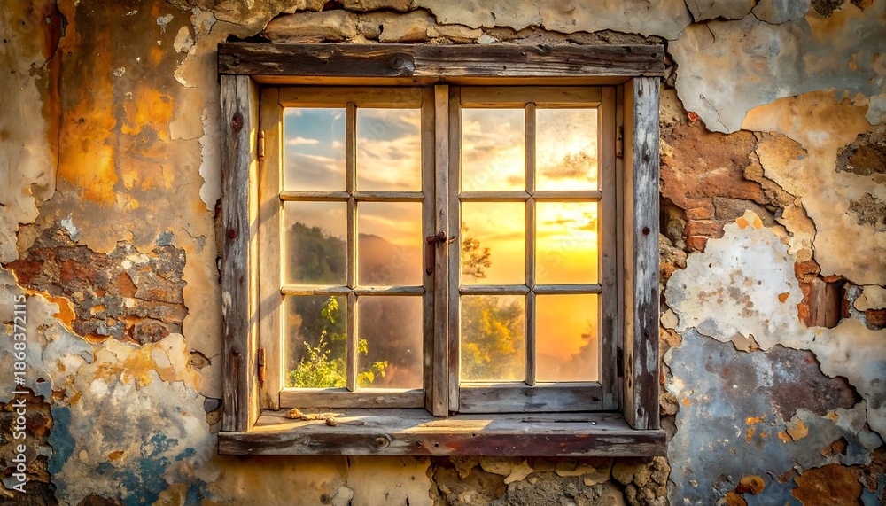 Obraz premium Old wooden window with peeling paint and rustic texture, illuminated by warm afternoon light, creating a nostalgic vintage atmosphere rich in character and aged architectural detail.