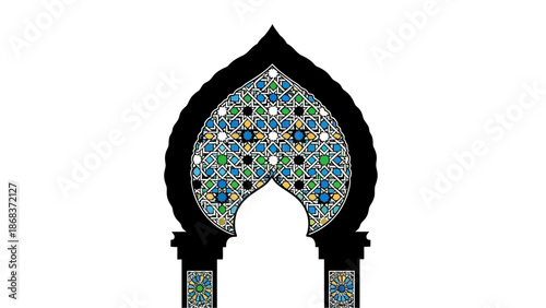 Intricate stained glass arch design with elaborate geometric patterns and vibrant colors