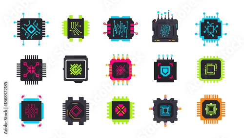 Colorful electronic circuit microchips with futuristic design and varied shapes for technology