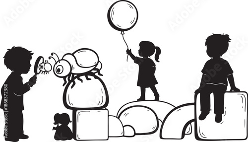 Children playing with blocks and balloons in fun
