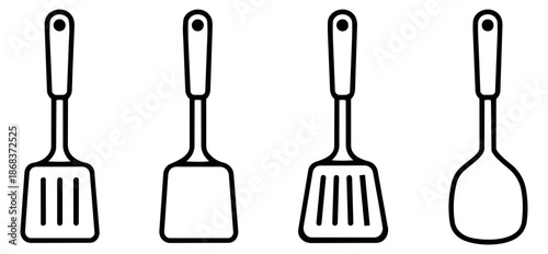 Line art kitchenware set featuring various spatulas and turners for cooking