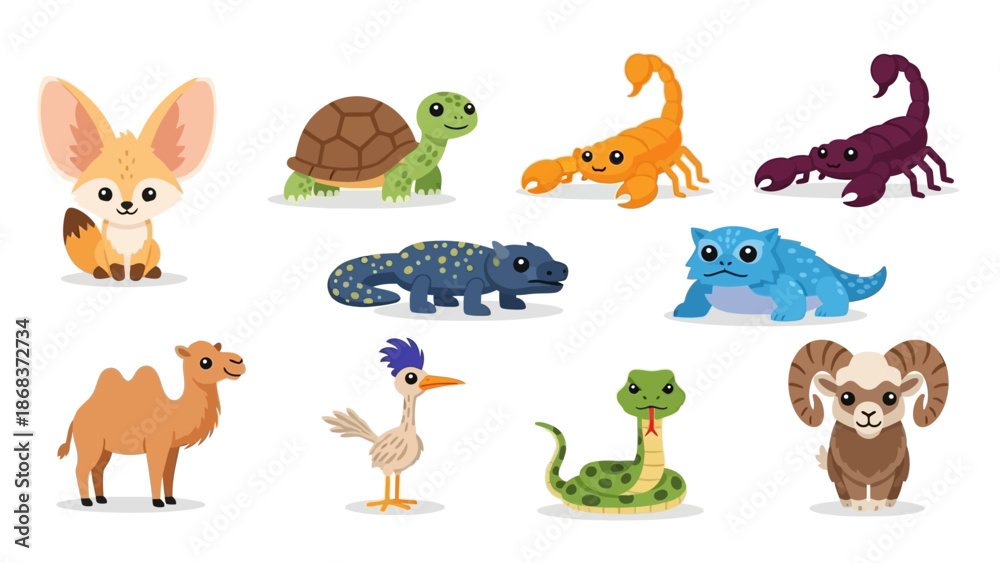 Naklejka premium Cute Cartoon Animal and Reptile Set Featuring Dog, Turtle, Scorpion, Crab, Lizard, Crocodile,
