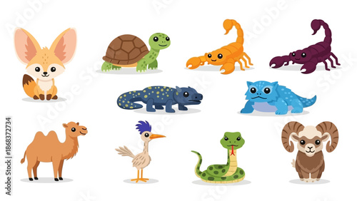 Cute Cartoon Animal and Reptile Set Featuring Dog, Turtle, Scorpion, Crab, Lizard, Crocodile,