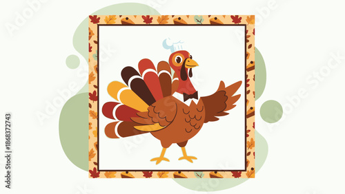 Cute cartoon turkey with colorful feathers in a festive autumn-themed frame, celebrating Thanksgiving holiday season.