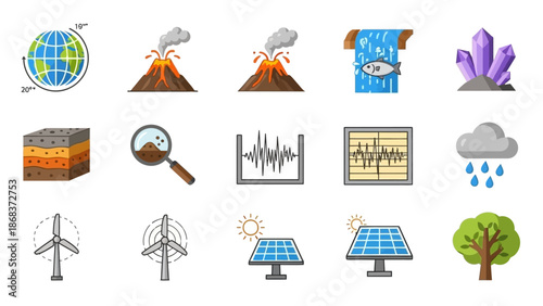 Environmental and Renewable Energy Icons Illustrating Earth's Climate and Natural Resources