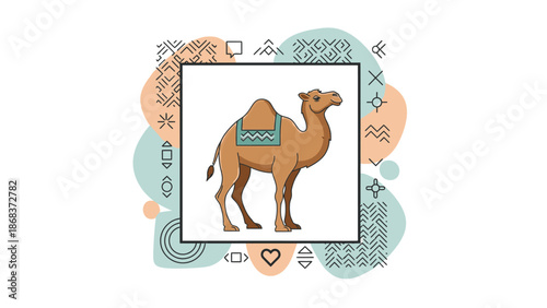 Cartoon illustration of a brown camel with a saddle, framed by abstract geometric shapes and pastel colors on a white background.