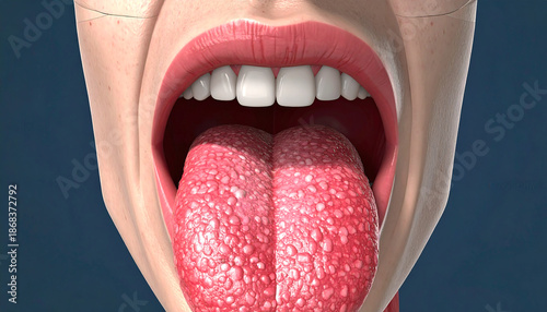Close-up anatomical view of a human mouth with a red, textured tongue extended.